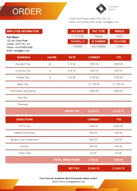 Payslip with earnings and deductions